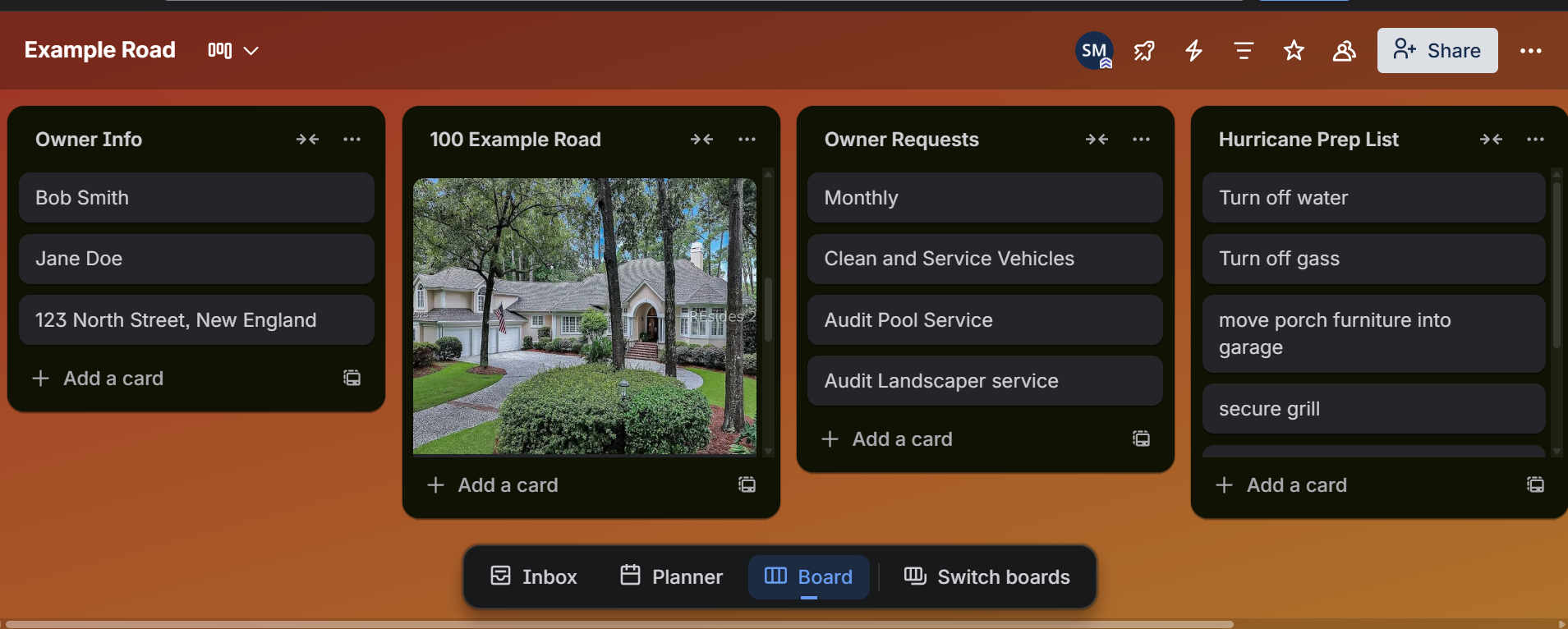 The HMS client portal — property board view with owner info, property details, requests, and hurricane prep list