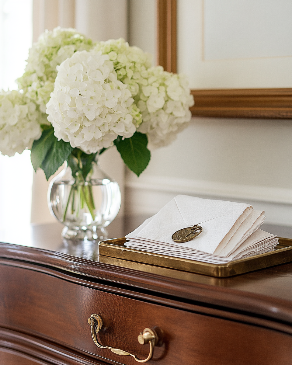 Refined coastal foyer detail with fresh hydrangeas and a brass mail tray