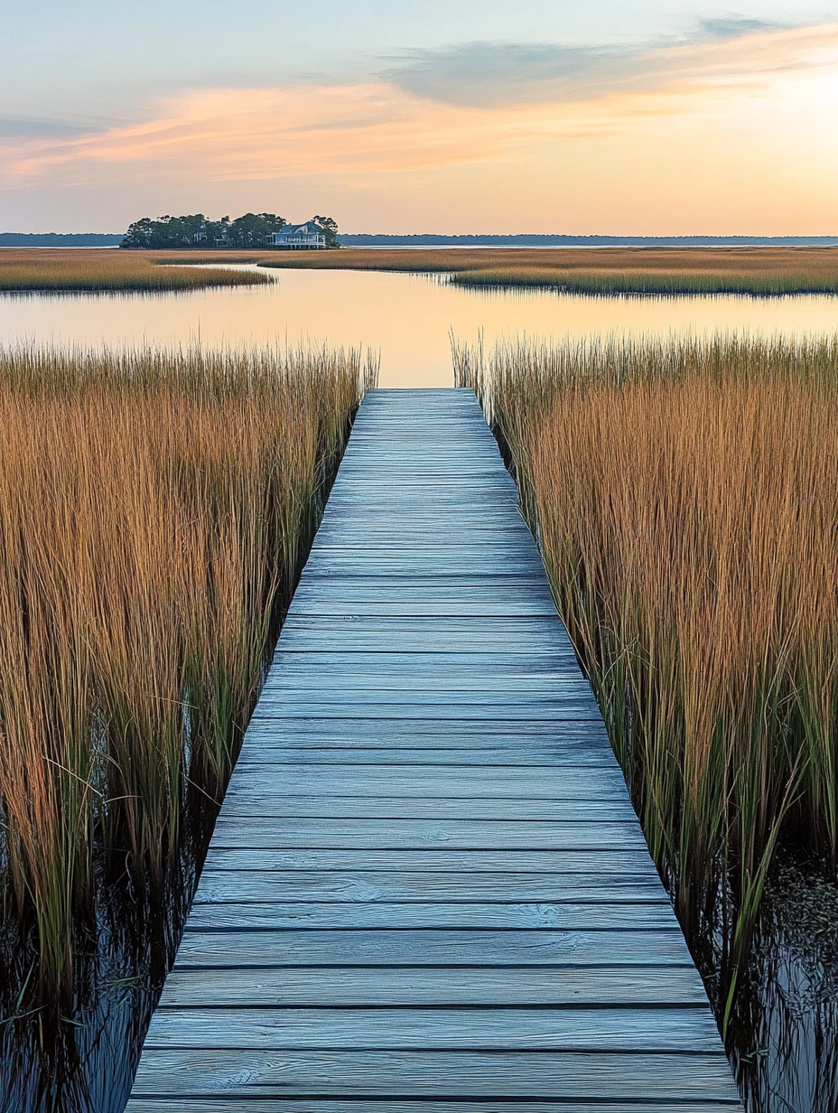 Private wooden dock at late afternoon, extending into a Lowcountry tidal marsh