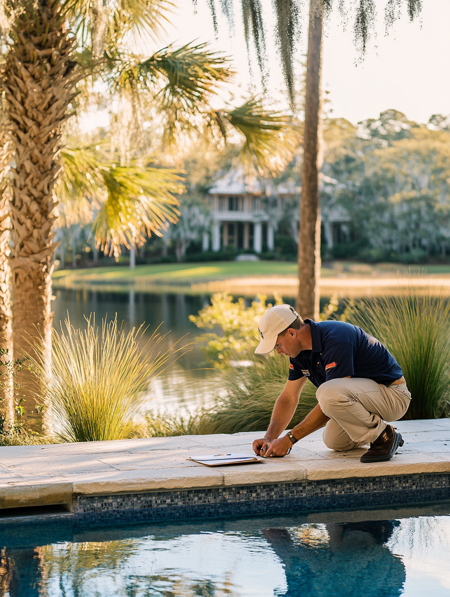 Pool technician at work on the grounds of a Lowcountry property at golden hour