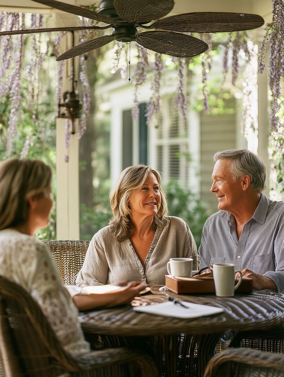 A consultation moment between Sheri and a homeowner couple on a screened Lowcountry porch