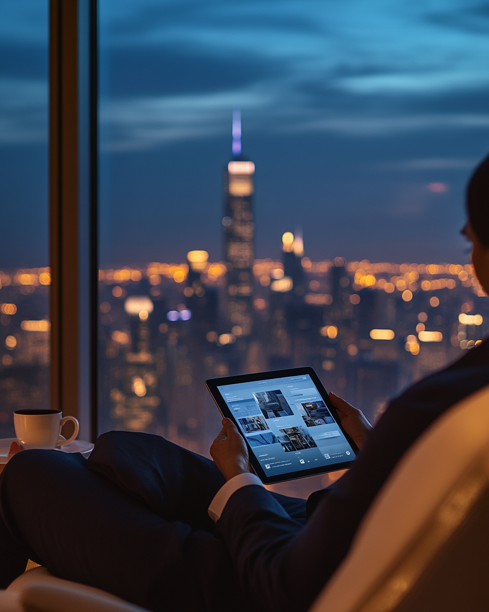 A homeowner viewing the property portal on a tablet at dusk, city skyline beyond