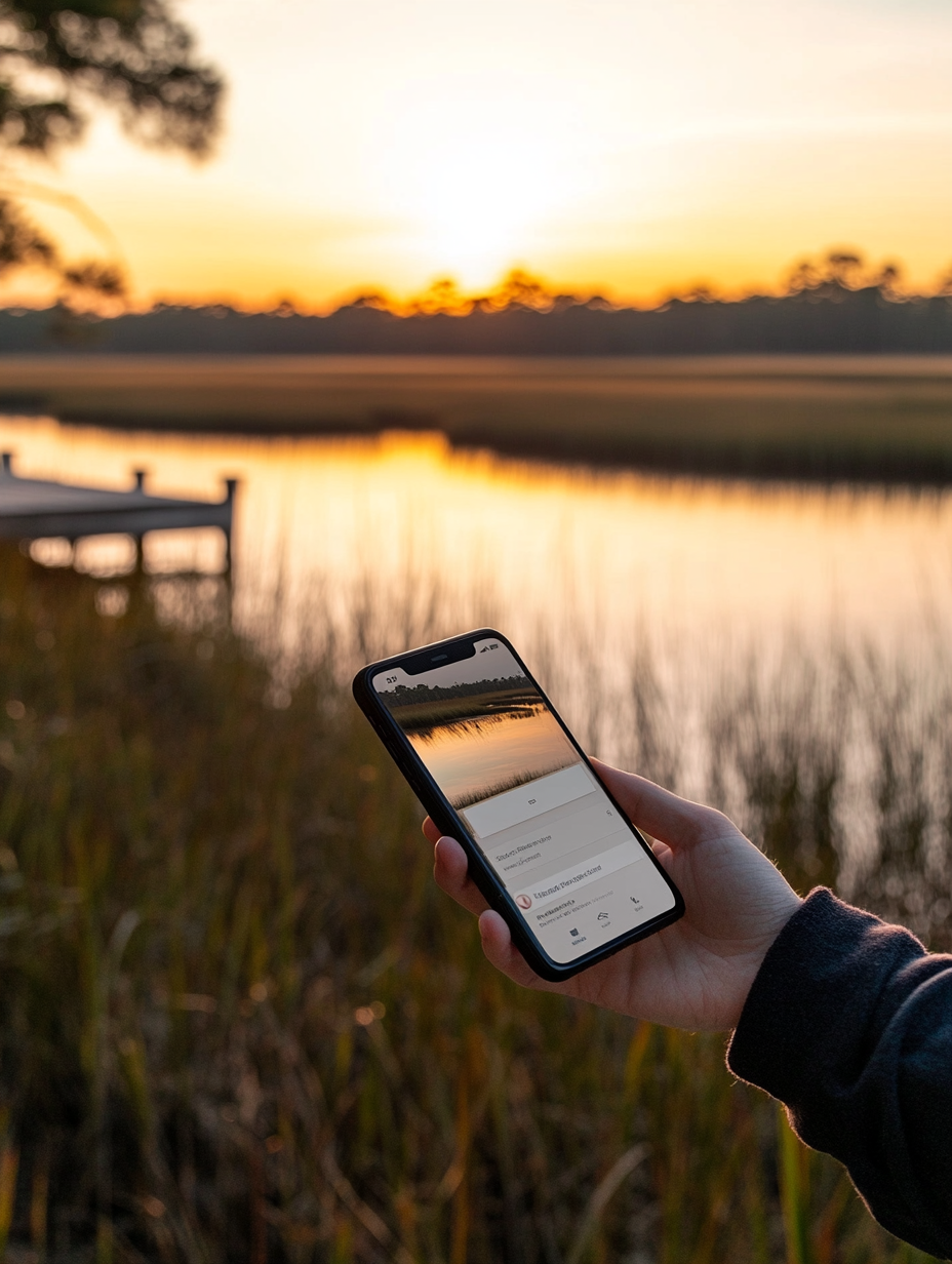 A hand holding a phone with a property update notification, Lowcountry marsh in soft focus