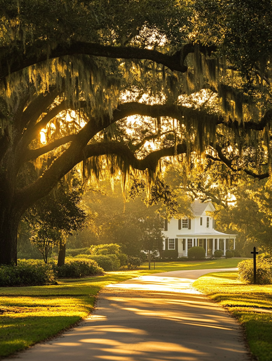 A quiet Bluffton lane under arching live oaks