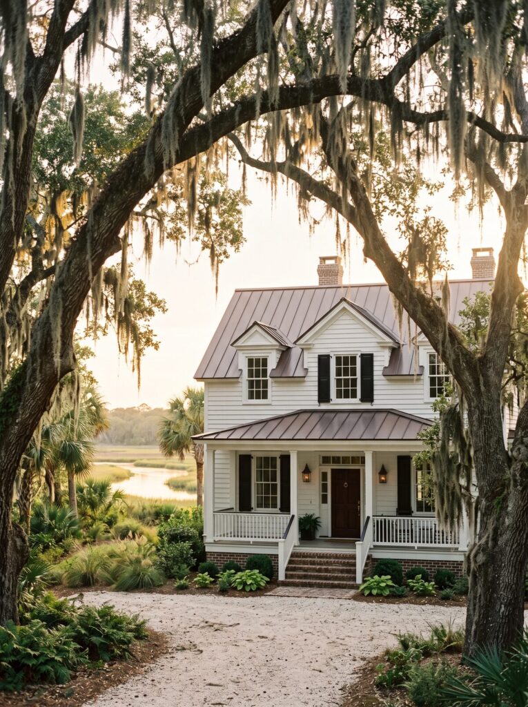 A white Lowcountry home with a metal roof framed by live oak branches draped in Spanish moss at golden hour