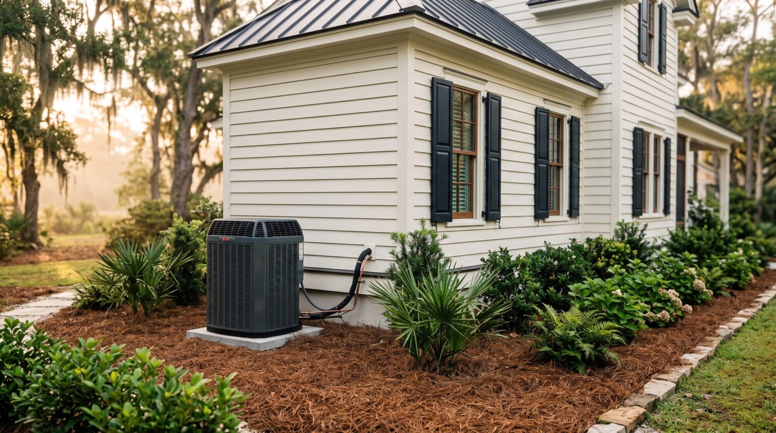 Outdoor air conditioning condenser unit beside a white clapboard Lowcountry home in early morning light