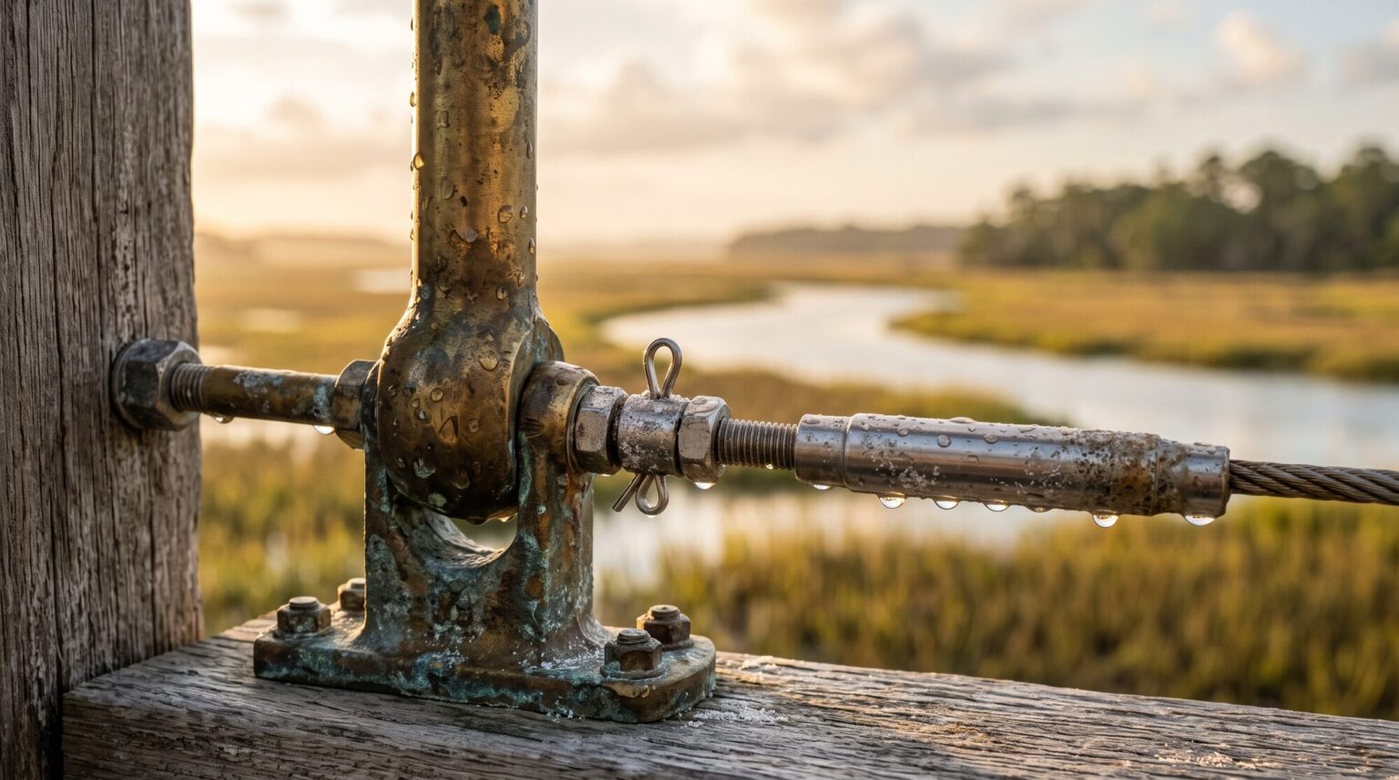 Corroded brass and stainless railing hardware beaded with salt spray above a tidal marsh at golden hour