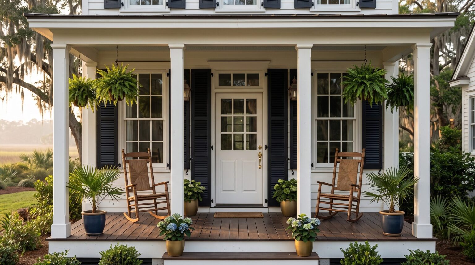 Front porch of a white Lowcountry home with rocking chairs and a closed front door in late afternoon light