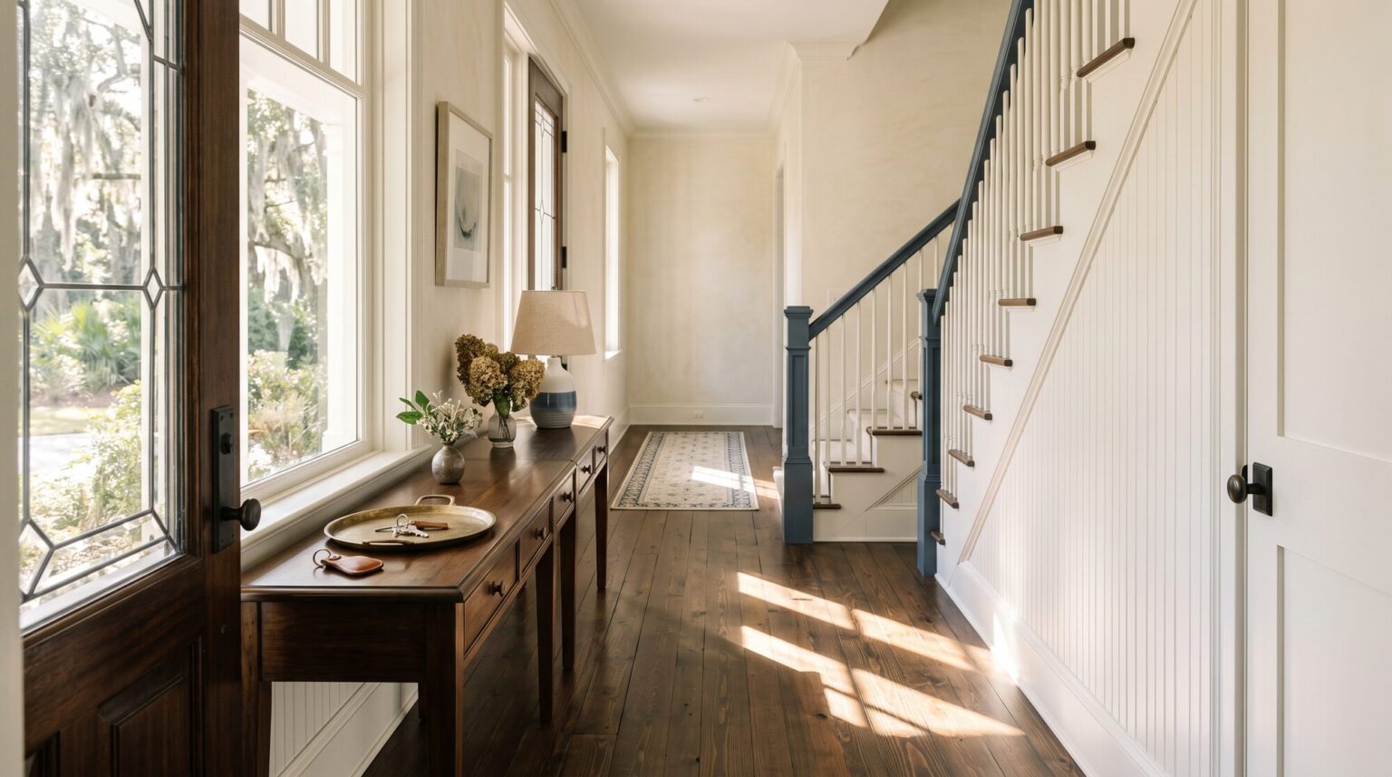 Sunlit entry hall of a Lowcountry home with a console table and a small tray of keys