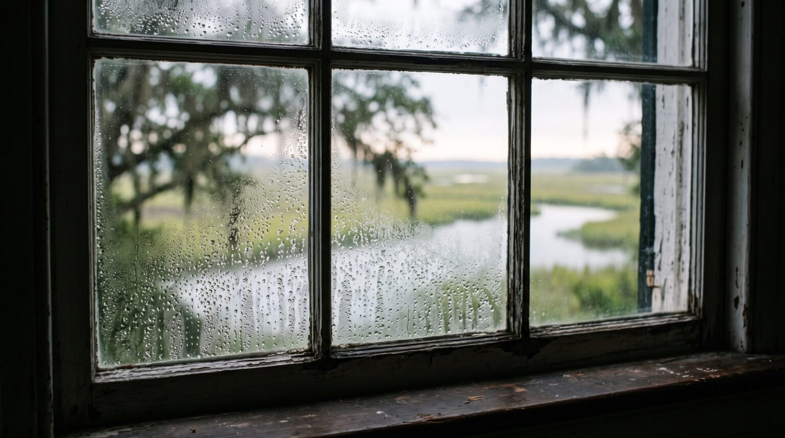 Condensation running down the inside of a paned window overlooking a Lowcountry marsh